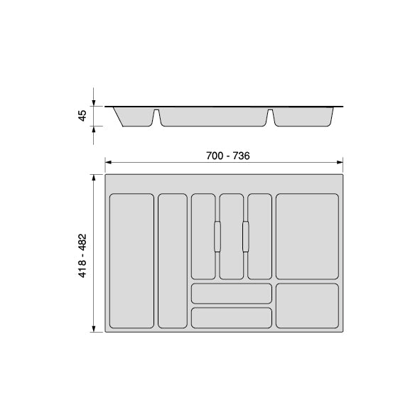 Emuca | Besteckeinsatz Optima Universalschublade, Modul 800mm, Kunststoff, Grau