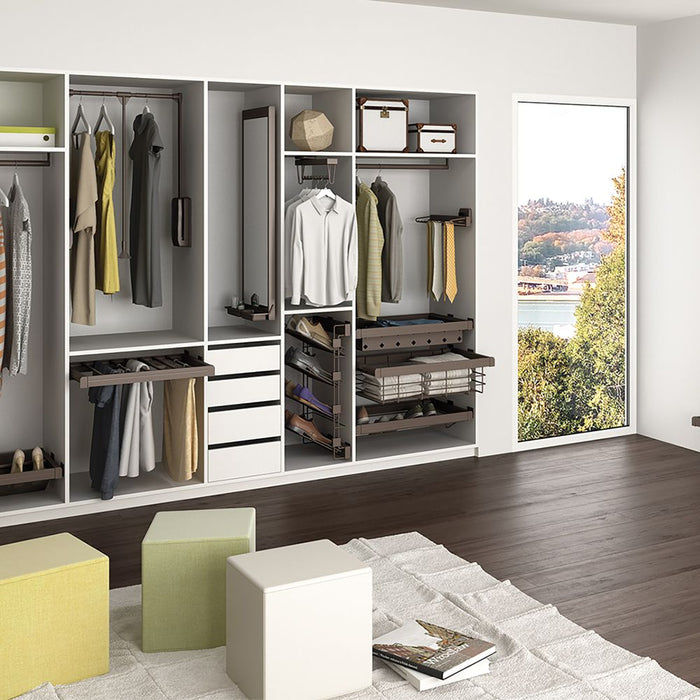 Set aus Drahtkorb Schieberahmen Mokkaschränke, sanftes Schließen, verstellbar, 600mm Modul, Stahl Aluminium, Farbe moka