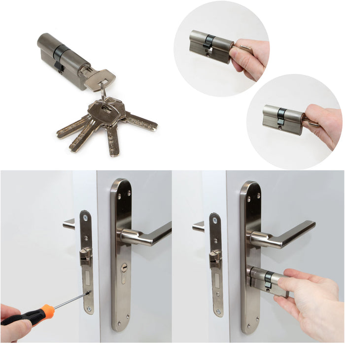 Satz von 5 Schlössern, 30x30mm, langer Nocken, Schlüsseln, Aluminium, Nickel satiniert, 5 Schlösser, 30x30mm, Schlüsseln, Nickel satiniert