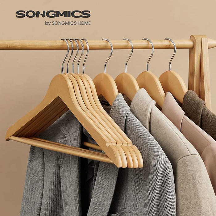 AUSLAUF SONGMICS | Wooden Hangers, Coat Hangers, Clothes Hangers, with Shoulder Notches, Anti-Slip Trousers Bar, 360° Swivel Hook, for Suits, Shirts, Coats, Natural und Silver CRW001-20, Pack of 20