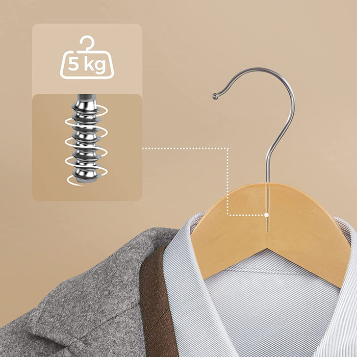 AUSLAUF SONGMICS | Wooden Hangers, Coat Hangers, Clothes Hangers, with Shoulder Notches, Anti-Slip Trousers Bar, 360° Swivel Hook, for Suits, Shirts, Coats, Natural und Silver CRW001-20, Pack of 20