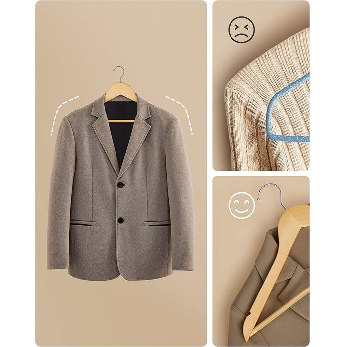 AUSLAUF SONGMICS | Wooden Hangers, Coat Hangers, Clothes Hangers, with Shoulder Notches, Anti-Slip Trousers Bar, 360° Swivel Hook, for Suits, Shirts, Coats, Natural und Silver CRW001-20, Pack of 20