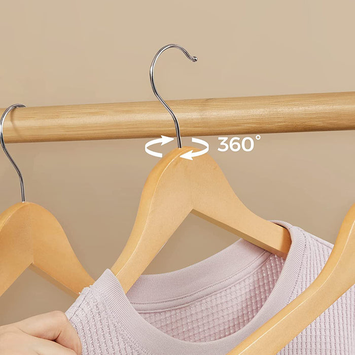 AUSLAUF SONGMICS | Wooden Hangers, Coat Hangers, Clothes Hangers, with Shoulder Notches, Anti-Slip Trousers Bar, 360° Swivel Hook, for Suits, Shirts, Coats, Natural und Silver CRW001-20, Pack of 20