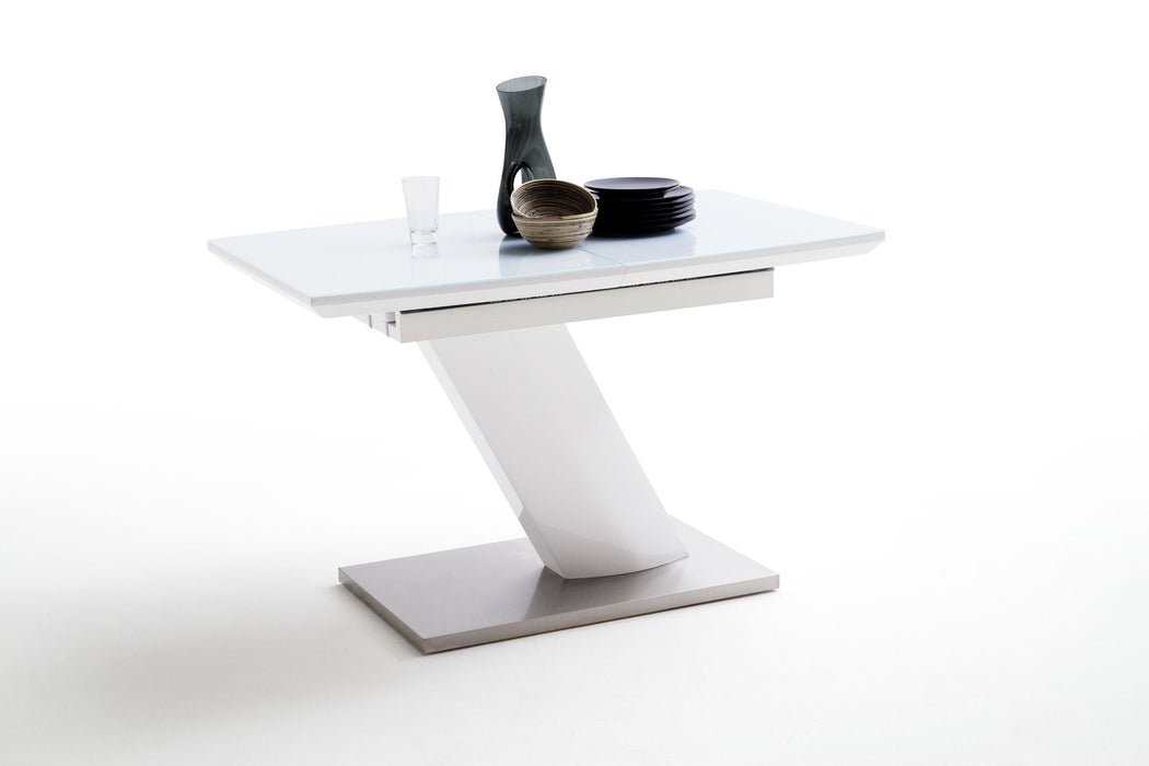 MCA | GALINA SÄULENAUSZUGSTISCH | 120(160)X80CM,TP: MDF HGW | BP: EDELSTAHL GEBÜRSTET