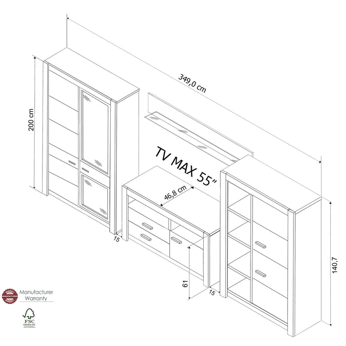 Hometrend | Hartford VC-01 Wohnkombination | 4-teilig | Asteiche massiv geölt / Wild Eiche