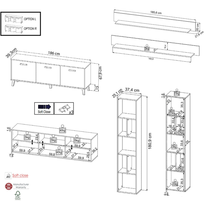 Hometrend | ARTONA VB Wohnkombination | 3-teilig | Dekor Artisan Eiche / Schwarz