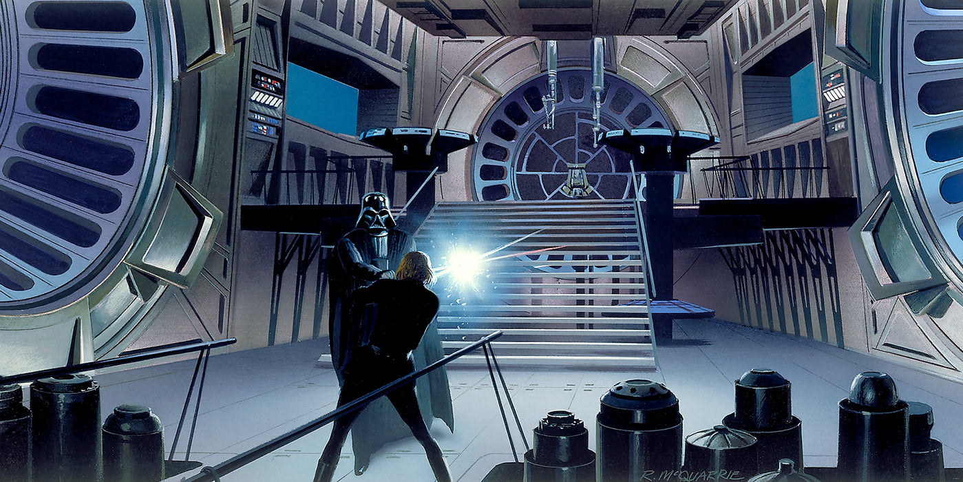 Digitaldruck Vlies Fototapete | Star Wars Classic RMQ Duell Throneroom | 500 x 250 cm