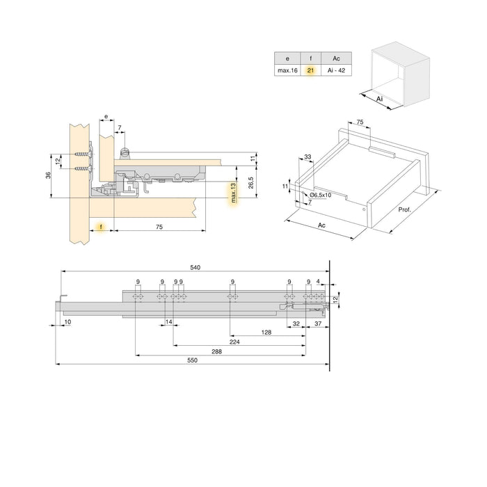 Satz Unterflurführungen Silver, Vollauszug, Schließautomatik Halterung, T 540mm, Stahl, Verzinkt