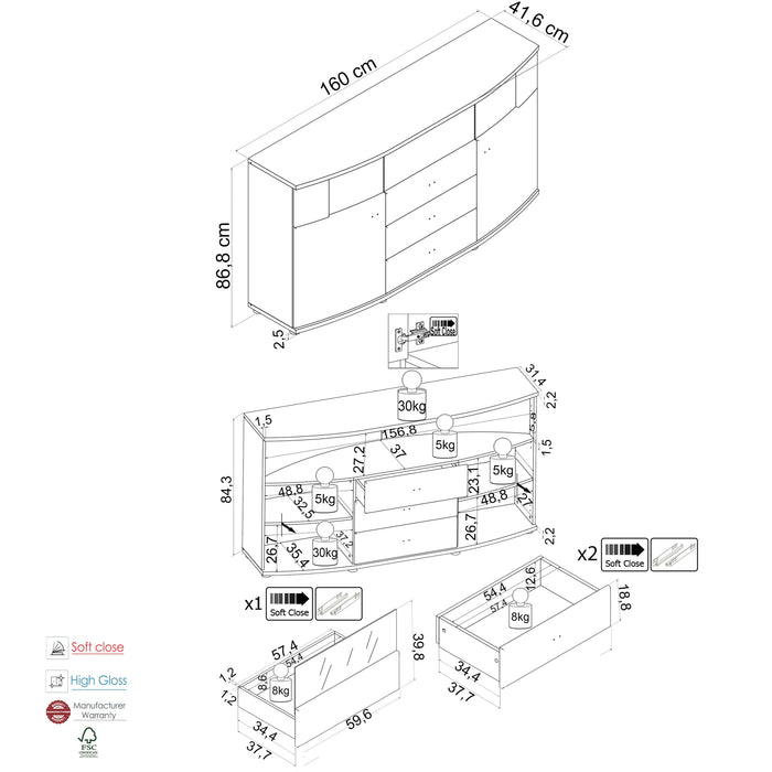 Hometrend | GATE 085-01 Sideboard | Weiß MDF Hochglanz Tiefgezogen / Anthrazit