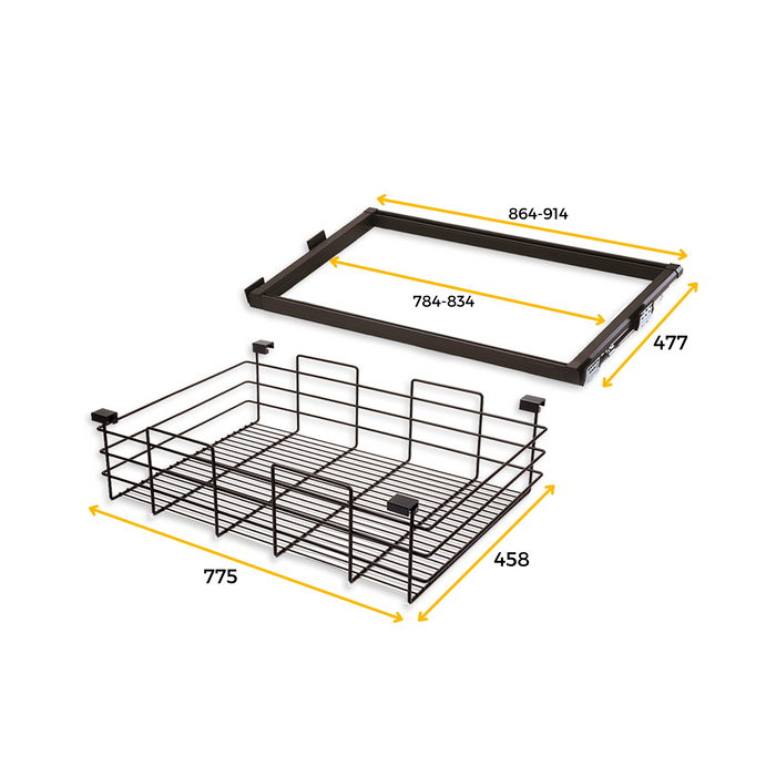 Set aus Drahtkorb Schieberahmen Mokkaschränke, sanftes Schliessen, verstellbar, 900mm Modul, Stahl Aluminium, Farbe moka