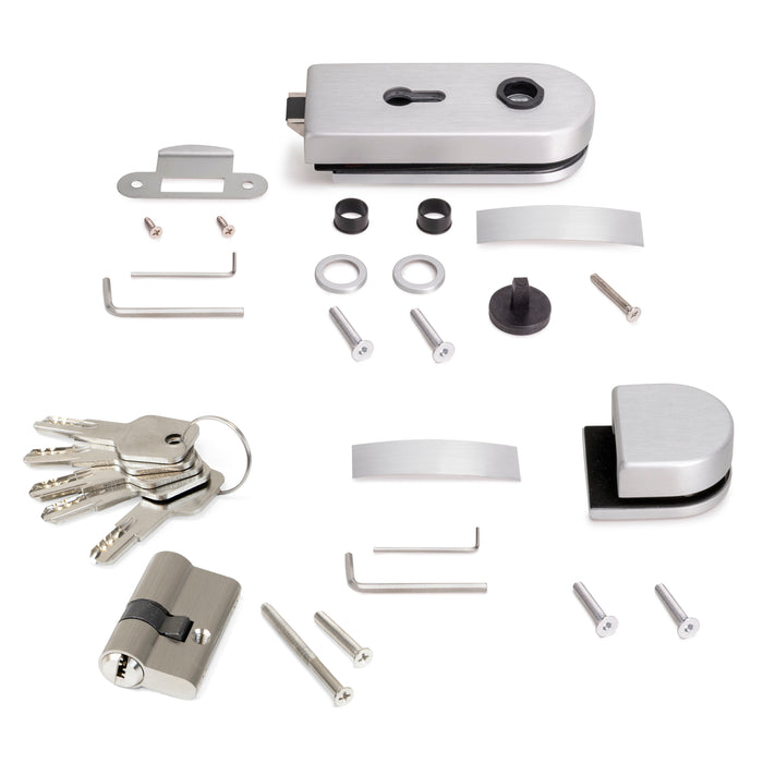 Schloss- Schließanlagensatz Doppelglastür, horizontaler Riegel Glastür 8-12mm, Stahl Aluminium, matt eloxiert