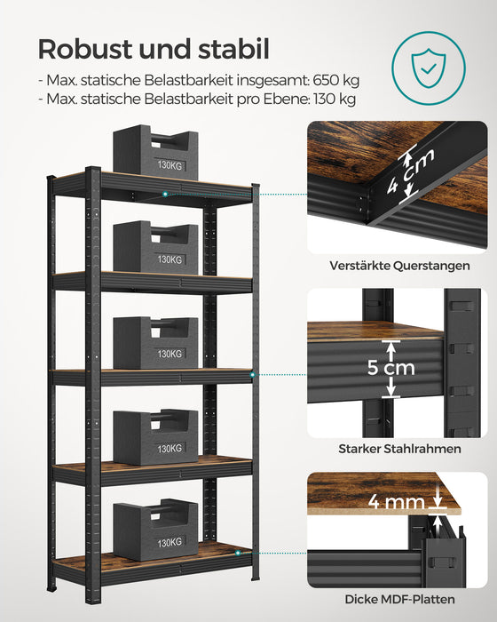 AUSLAUF SONGMICS | Shelving Unit, 30 x 75 x 150 cm, 650 kg Load Capacity (130 kg per Shelf), Industrial, Adjustable Storage Shelves, for Living Room, Kitchen, Garage, rustikal braun und Black GLR030B01