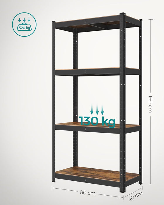 AUSLAUF SONGMICS | Shelving Unit, 40 x 80 x 160 cm, 520 kg Load Capacity (130 kg per Shelf), Industrial, Adjustable Storage Shelves, for Living Room, Kitchen, Garage, rustikal braun und Black GLR044B11