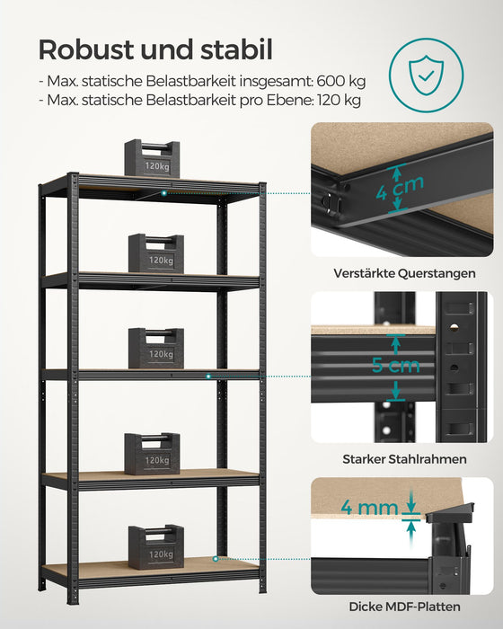 AUSLAUF SONGMICS | 5-Tier Shelving Unit, Steel Shelving Unit for Storage, Tool-Free Assembly, for Garage, Shed, Load Capacity 600 kg, 50 x 100 x 200 cm, Black GLR050B01