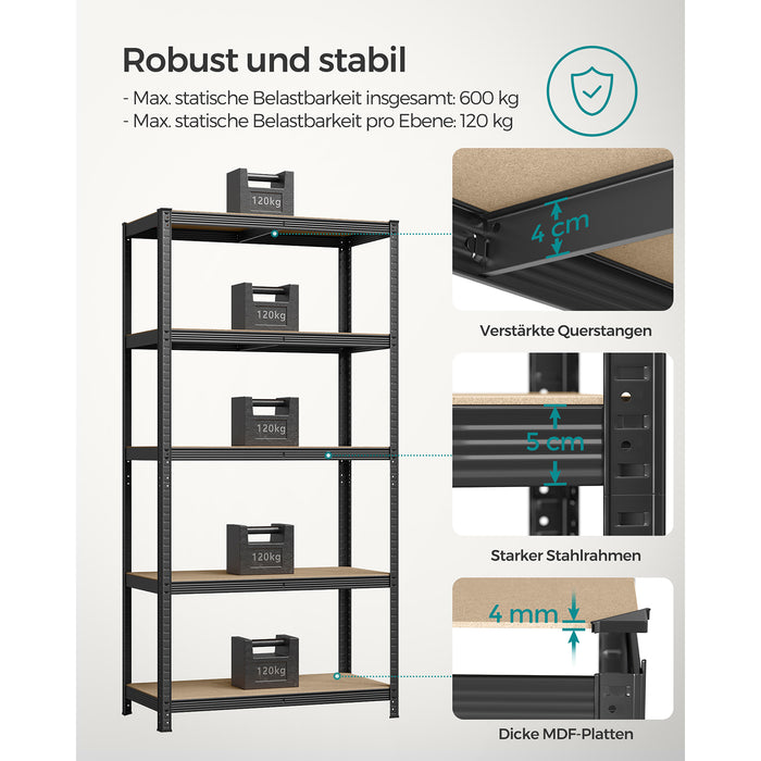 AUSLAUF SONGMICS | 5-Tier Shelving Units, Set of 2 Steel Shelving Units for Storage, Tool-Free Assembly, for Garage, Shed, Load Capacity 600 kg, 50 x 100 x 200 cm, Black GLR050B02