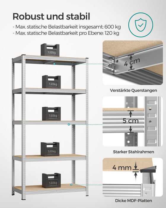 AUSLAUF SONGMICS | 5-Tier Shelving Unit, Steel Shelving Unit for Storage, Tool-Free Assembly, for Garage, Shed, Load Capacity 600 kg, 50 x 100 x 200 cm, Silver GLR050E01