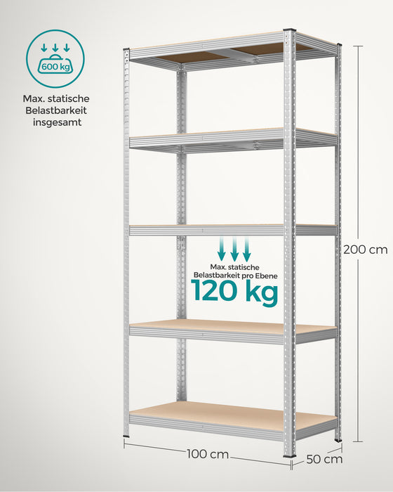 AUSLAUF SONGMICS | 5-Tier Shelving Unit, Steel Shelving Unit for Storage, Tool-Free Assembly, for Garage, Shed, Load Capacity 600 kg, 50 x 100 x 200 cm, Silver GLR050E01