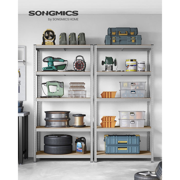 AUSLAUF SONGMICS | 5-Tier Shelving Units, Set of 2 Steel Shelving Units for Storage, Tool-Free Assembly, for Garage, Shed, Load Capacity 600 kg, 50 x 100 x 200 cm, Silver GLR050E02