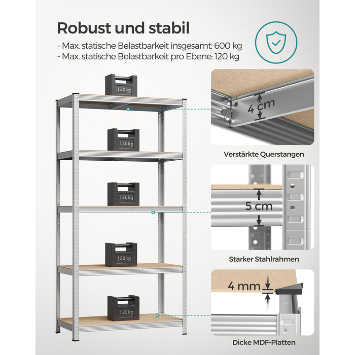 AUSLAUF SONGMICS | 5-Tier Shelving Units, Set of 2 Steel Shelving Units for Storage, Tool-Free Assembly, for Garage, Shed, Load Capacity 600 kg, 50 x 100 x 200 cm, Silver GLR050E02