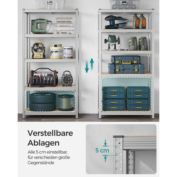 AUSLAUF SONGMICS | 5-Tier Shelving Units, Set of 2 Steel Shelving Units for Storage, Tool-Free Assembly, for Garage, Shed, Load Capacity 600 kg, 50 x 100 x 200 cm, Silver GLR050E02