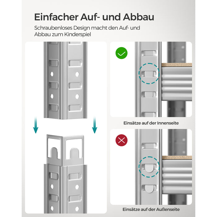 AUSLAUF SONGMICS | 5-Tier Shelving Units, Set of 2 Steel Shelving Units for Storage, Tool-Free Assembly, for Garage, Shed, Load Capacity 600 kg, 50 x 100 x 200 cm, Silver GLR050E02