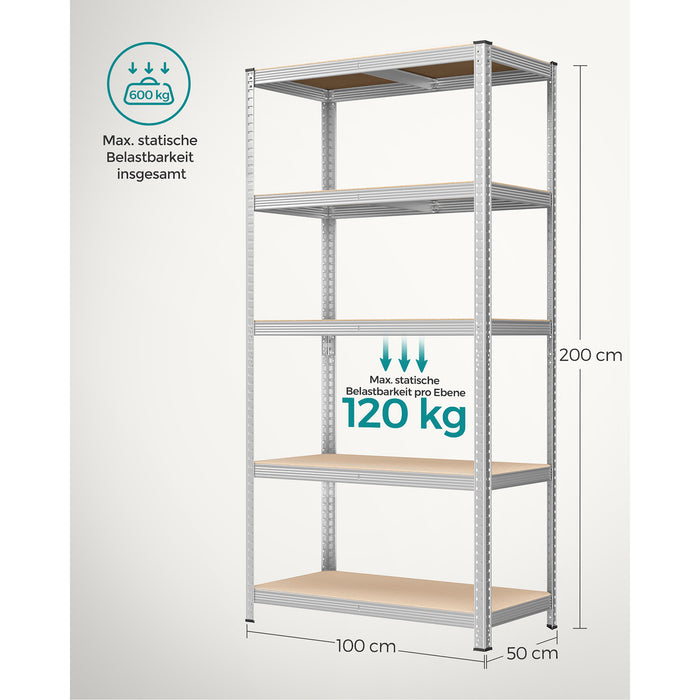 AUSLAUF SONGMICS | 5-Tier Shelving Units, Set of 2 Steel Shelving Units for Storage, Tool-Free Assembly, for Garage, Shed, Load Capacity 600 kg, 50 x 100 x 200 cm, Silver GLR050E02