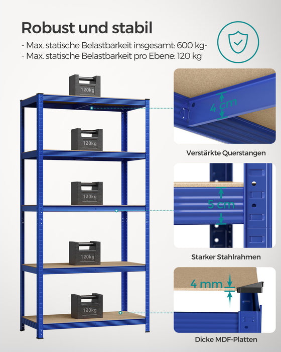 AUSLAUF SONGMICS | 5-Tier Shelving Unit, Steel Shelving Unit for Storage, Tool-Free Assembly, for Garage, Shed, Load Capacity 600 kg, 50 x 100 x 200 cm, Blue GLR050Q01