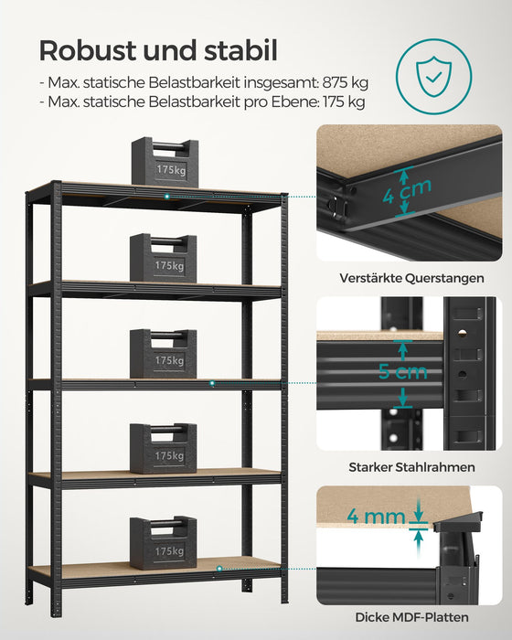 AUSLAUF SONGMICS | 5-Tier Shelving Unit, Steel Shelving Unit for Storage, Tool-Free Assembly, for Garage, Shed, Load Capacity 875 kg, 60 x 120 x 200 cm, Black GLR060B01