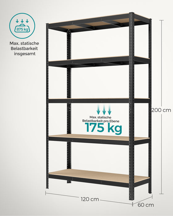 AUSLAUF SONGMICS | 5-Tier Shelving Unit, Steel Shelving Unit for Storage, Tool-Free Assembly, for Garage, Shed, Load Capacity 875 kg, 60 x 120 x 200 cm, Black GLR060B01