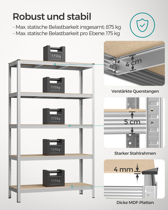 AUSLAUF SONGMICS | 5-Tier Shelving Unit, Steel Shelving Unit for Storage, Tool-Free Assembly, for Garage, Shed, Load Capacity 875 kg, 60 x 120 x 200 cm, Silver GLR060E01