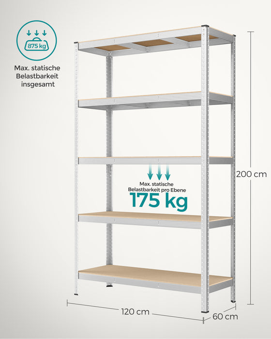 AUSLAUF SONGMICS | 5-Tier Shelving Unit, Steel Shelving Unit for Storage, Tool-Free Assembly, for Garage, Shed, Load Capacity 875 kg, 60 x 120 x 200 cm, Silver GLR060E01