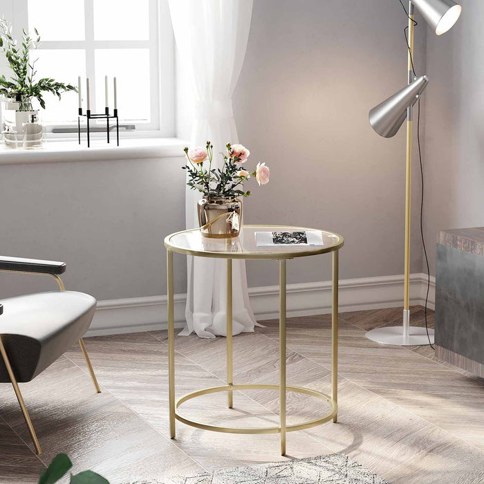 AUSLAUF VASAGLE | Round Side Table, Tempered Glass End Table With Golden Metal Frame, Small Coffee Table, Bedside Table, Living Room, Balcony, Robust und Stable, Decorative, gold LGT20G