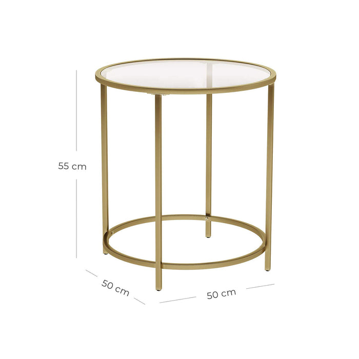 AUSLAUF VASAGLE | Round Side Table, Tempered Glass End Table With Golden Metal Frame, Small Coffee Table, Bedside Table, Living Room, Balcony, Robust und Stable, Decorative, gold LGT20G