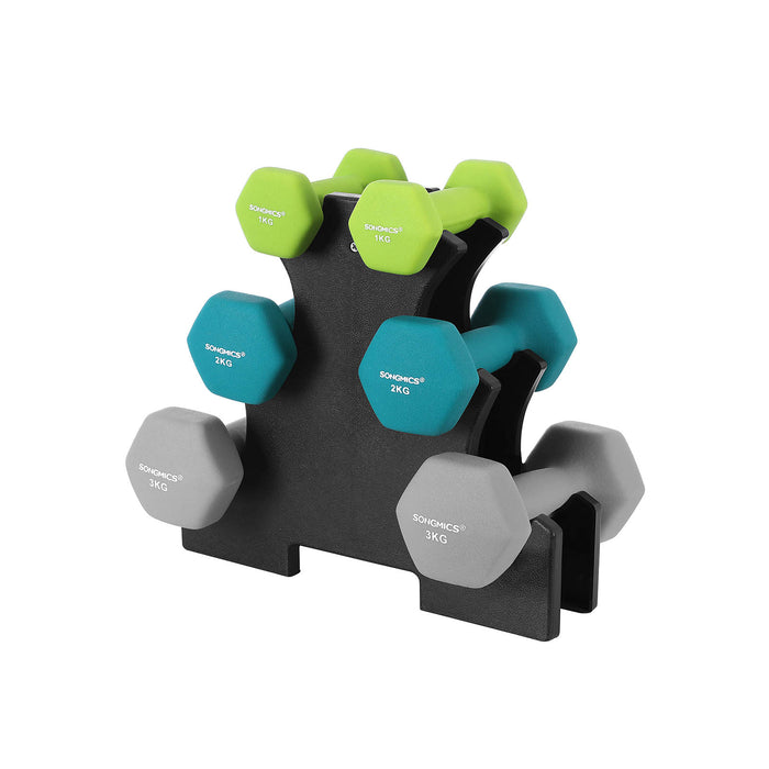 AUSLAUF SONGMICS | Hex Dumbbells Set with Stand - 2 x 1 kg, 2 x 2 kg, 2 x 3 kg, Neoprene Matte Finish, Hand Weights for Home Exercise, Lime, Teal, und Light grau SYL612GN