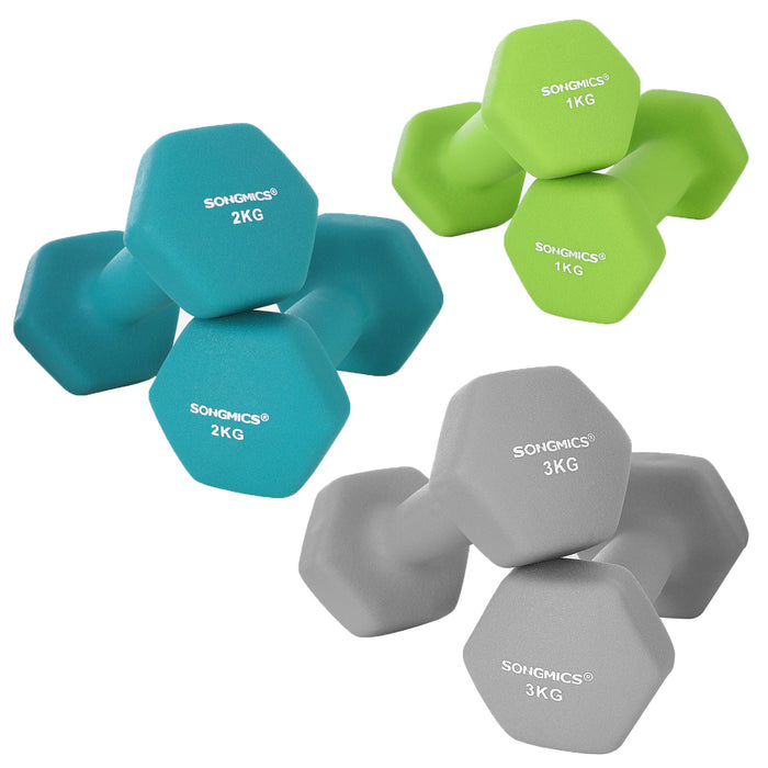 AUSLAUF SONGMICS | Hex Dumbbells Set with Stand - 2 x 1 kg, 2 x 2 kg, 2 x 3 kg, Neoprene Matte Finish, Hand Weights for Home Exercise, Lime, Teal, und Light grau SYL612GN