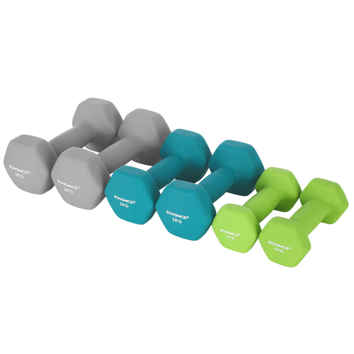 AUSLAUF SONGMICS | Hex Dumbbells Set with Stand - 2 x 1 kg, 2 x 2 kg, 2 x 3 kg, Neoprene Matte Finish, Hand Weights for Home Exercise, Lime, Teal, und Light grau SYL612GN