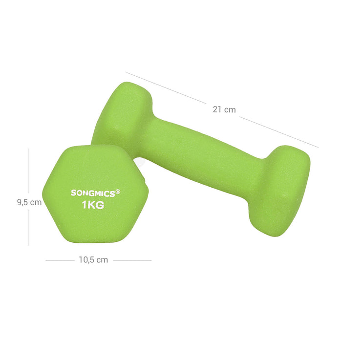 AUSLAUF SONGMICS | Hex Dumbbells Set with Stand - 2 x 1 kg, 2 x 2 kg, 2 x 3 kg, Neoprene Matte Finish, Hand Weights for Home Exercise, Lime, Teal, und Light grau SYL612GN