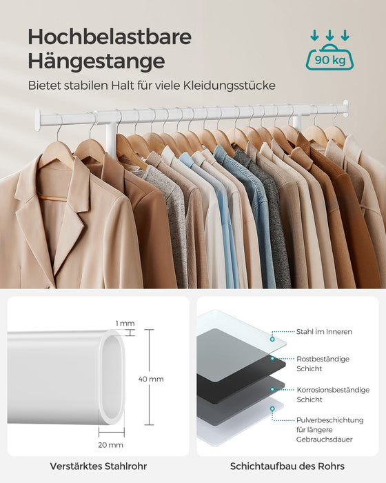 AUSLAUF SONGMICS | Clothes Rack on Wheels, stabil Clothes Rail, with Extendable Hanging Rail, 90 kg Load Capacity, Easy Assembly, tragbar, Classic weiß HSR013W01