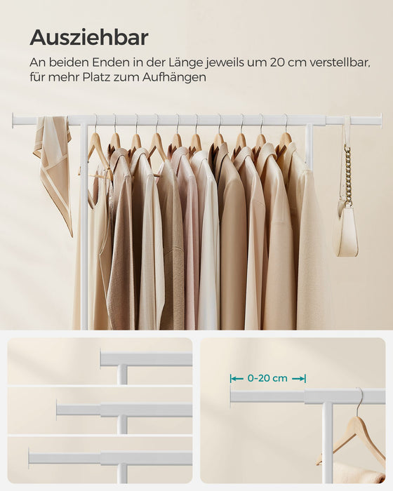AUSLAUF SONGMICS | Clothes Rack on Wheels, stabil Clothes Rail, with Extendable Hanging Rail, 90 kg Load Capacity, Easy Assembly, tragbar, Classic weiß HSR013W01