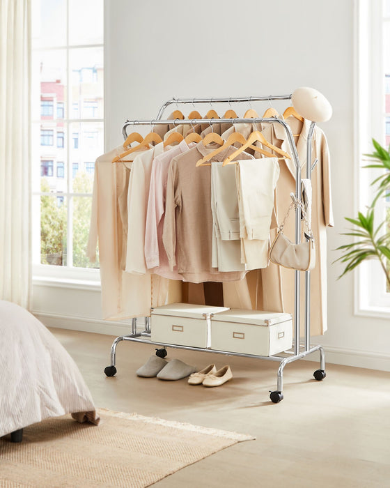 NEU | SONGMICS | Kleiderständer auf Rollen mit 2 Kleiderstangen silbern