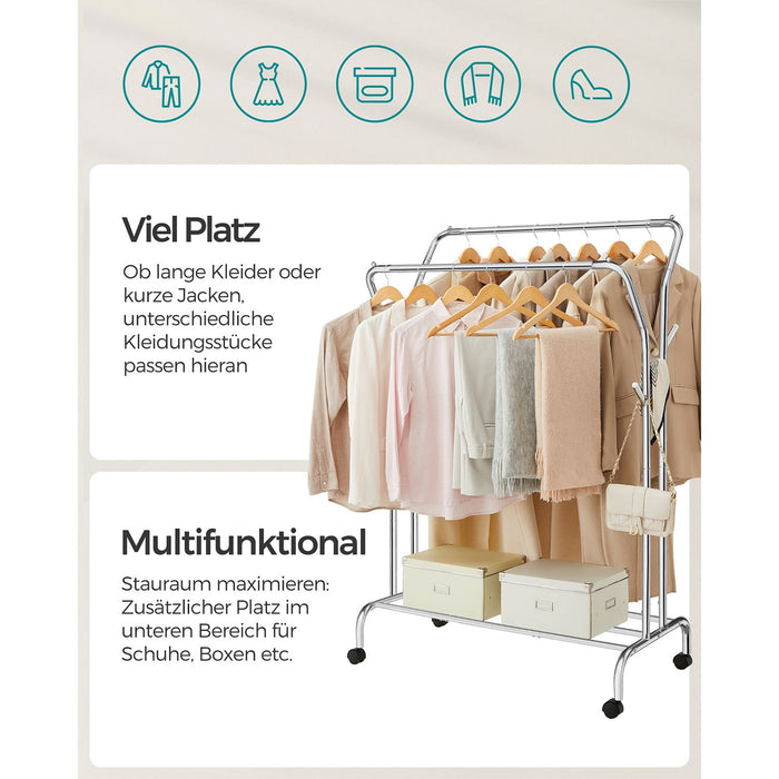 NEU | SONGMICS | Kleiderständer auf Rollen mit 2 Kleiderstangen silbern