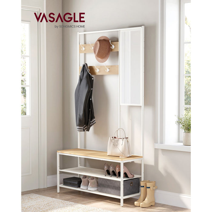 AUSLAUF VASAGLE | Coat Rack Stand with Shoe Storage, Hall Tree with Mirror, Hooks, Bench, und Shoe Shelves, 35 x 98 x 180 cm, Hallway Bedroom Entryway, Modern Style, Oak Colour und weiß HSR415W09
