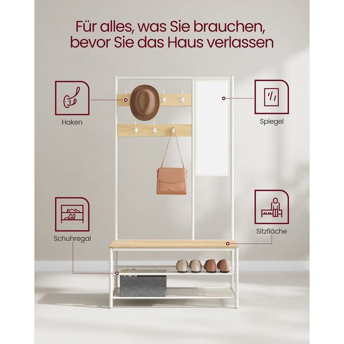 AUSLAUF VASAGLE | Coat Rack Stand with Shoe Storage, Hall Tree with Mirror, Hooks, Bench, und Shoe Shelves, 35 x 98 x 180 cm, Hallway Bedroom Entryway, Modern Style, Oak Colour und weiß HSR415W09