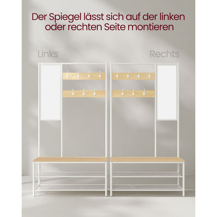 AUSLAUF VASAGLE | Coat Rack Stand with Shoe Storage, Hall Tree with Mirror, Hooks, Bench, und Shoe Shelves, 35 x 98 x 180 cm, Hallway Bedroom Entryway, Modern Style, Oak Colour und weiß HSR415W09