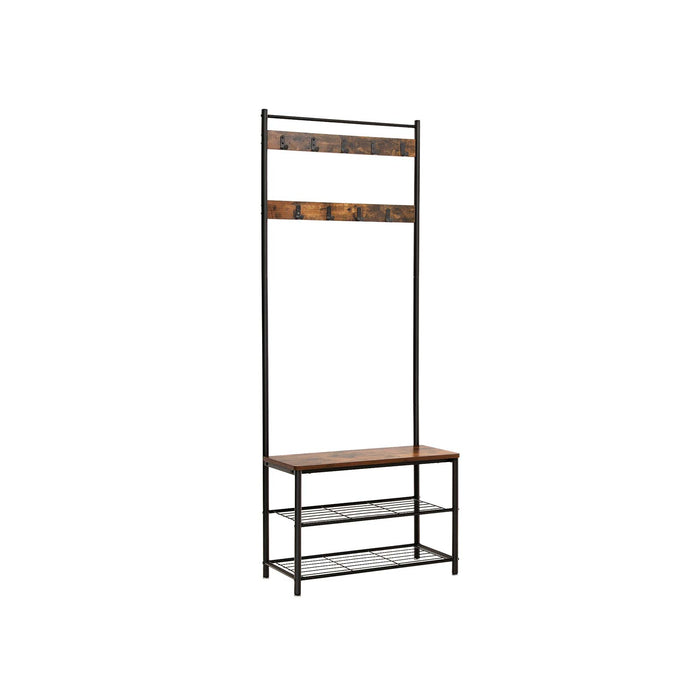 AUSLAUF VASAGLE | Coat Rack, Coat Stand with Shoe Storage Bench, Hall Tree with Shoe Rack, 3-in-1 Design, Steel Frame, for Hallway, Entrance, 32 x 70 x 175 cm, Industrial, rustikal braun und Black HSR41BX