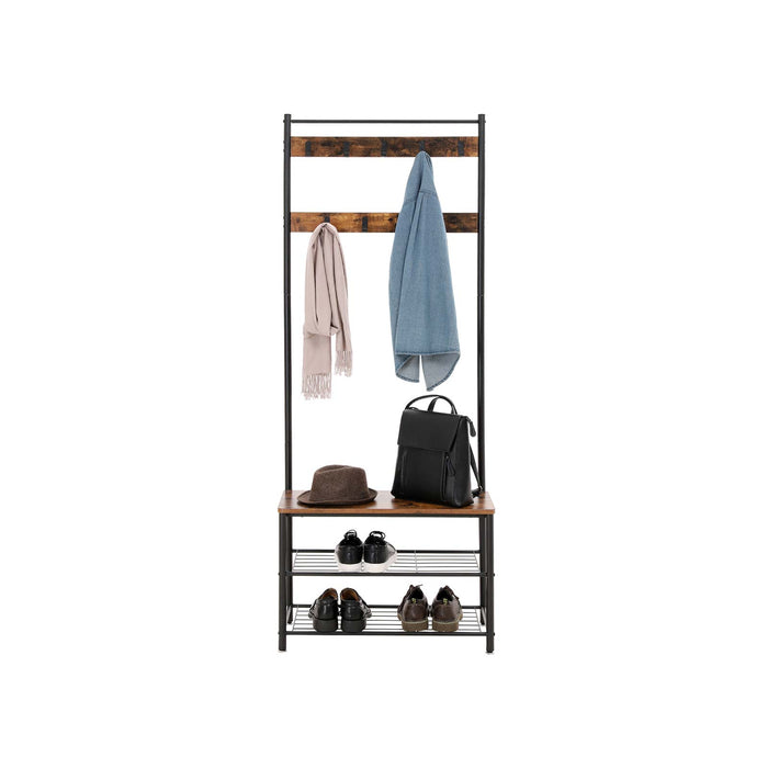 AUSLAUF VASAGLE | Coat Rack, Coat Stand with Shoe Storage Bench, Hall Tree with Shoe Rack, 3-in-1 Design, Steel Frame, for Hallway, Entrance, 32 x 70 x 175 cm, Industrial, rustikal braun und Black HSR41BX