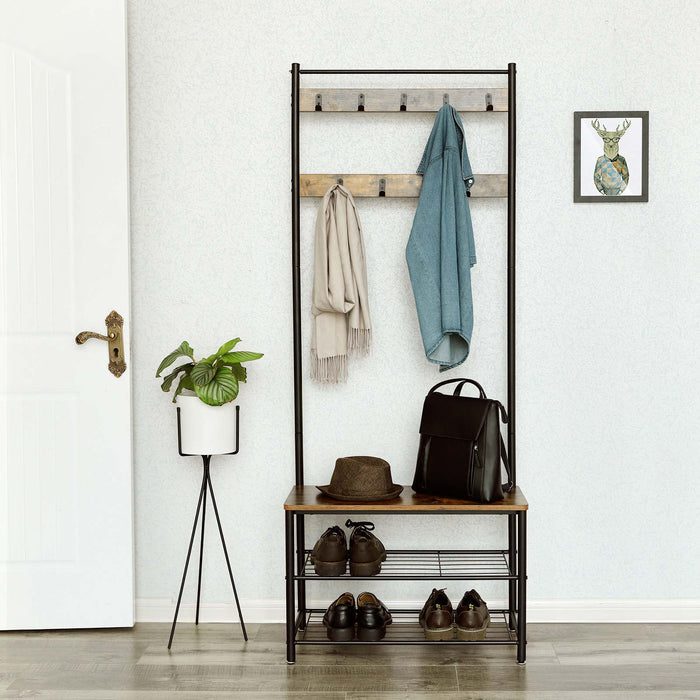 AUSLAUF VASAGLE | Coat Rack, Coat Stand with Shoe Storage Bench, Hall Tree with Shoe Rack, 3-in-1 Design, Steel Frame, for Hallway, Entrance, 32 x 70 x 175 cm, Industrial, rustikal braun und Black HSR41BX