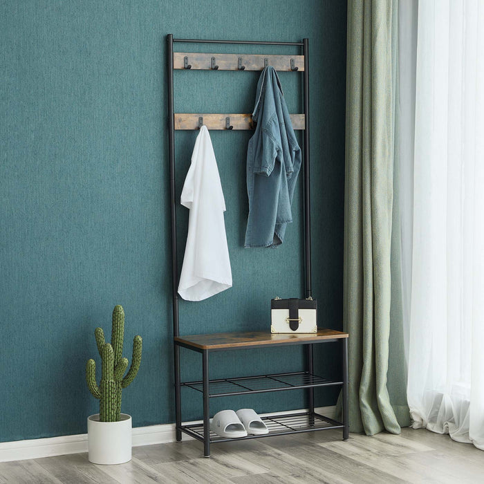 AUSLAUF VASAGLE | Coat Rack, Coat Stand with Shoe Storage Bench, Hall Tree with Shoe Rack, 3-in-1 Design, Steel Frame, for Hallway, Entrance, 32 x 70 x 175 cm, Industrial, rustikal braun und Black HSR41BX