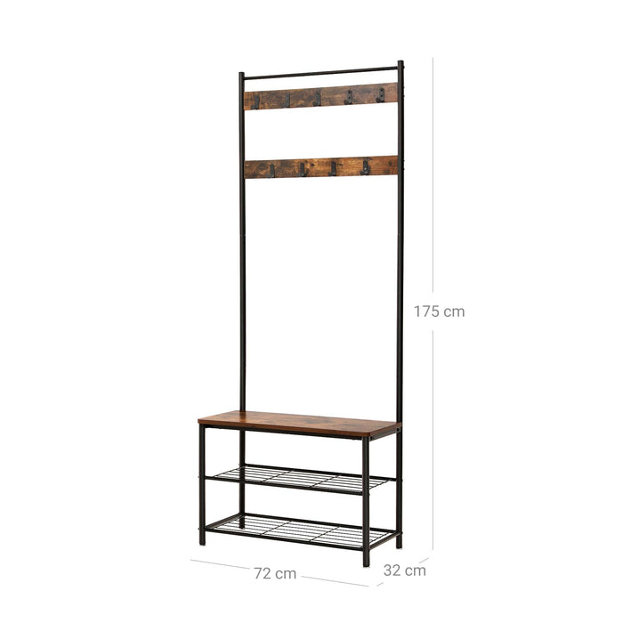 AUSLAUF VASAGLE | Coat Rack, Coat Stand with Shoe Storage Bench, Hall Tree with Shoe Rack, 3-in-1 Design, Steel Frame, for Hallway, Entrance, 32 x 70 x 175 cm, Industrial, rustikal braun und Black HSR41BX