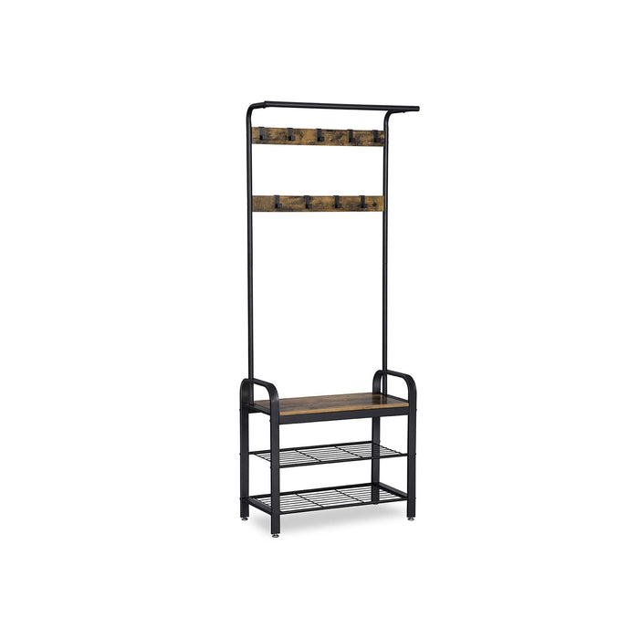 AUSLAUF VASAGLE | Coat Rack, Coat Stand with Shoe Storage Bench, 4-in-1 Design, with 9 Removable Hooks, a Clothes Rail, for Hallway, Entrance, 33.7 x 77 x 183 cm, Industrial, rustikal braun und Black HSR40B